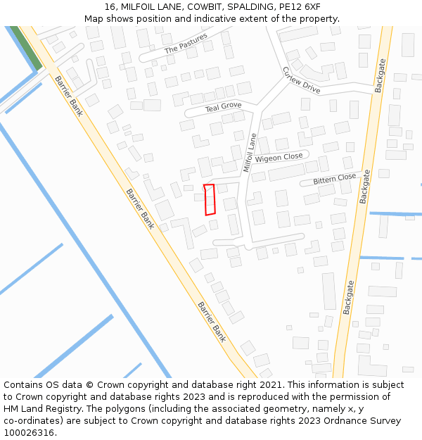 16, MILFOIL LANE, COWBIT, SPALDING, PE12 6XF: Location map and indicative extent of plot