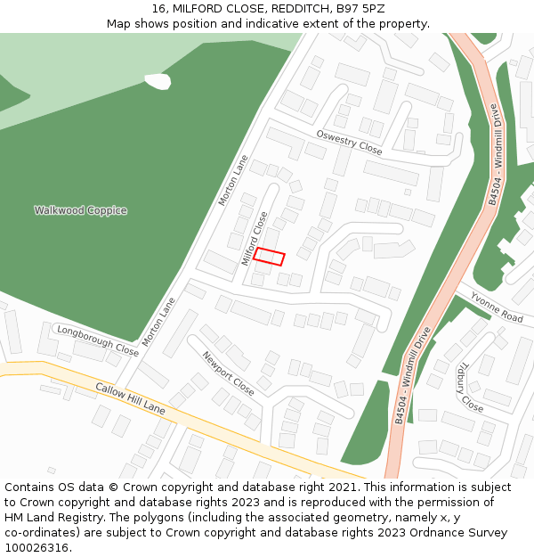 16, MILFORD CLOSE, REDDITCH, B97 5PZ: Location map and indicative extent of plot