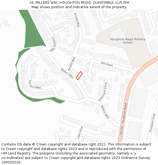 16, MILLERS WAY, HOUGHTON REGIS, DUNSTABLE, LU5 5FA: Location map and indicative extent of plot