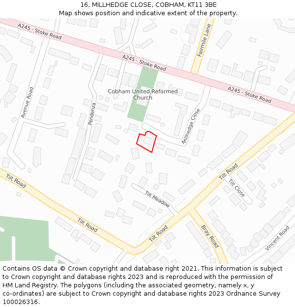 16, MILLHEDGE CLOSE, COBHAM, KT11 3BE: Location map and indicative extent of plot