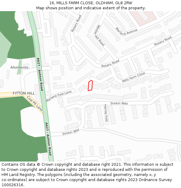 16, MILLS FARM CLOSE, OLDHAM, OL8 2RW: Location map and indicative extent of plot