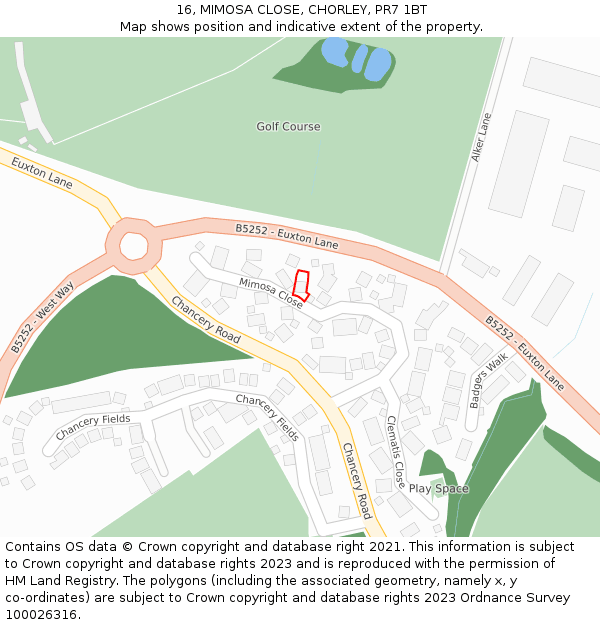 16, MIMOSA CLOSE, CHORLEY, PR7 1BT: Location map and indicative extent of plot