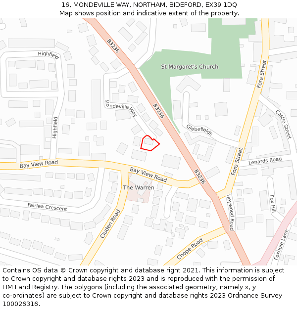 16, MONDEVILLE WAY, NORTHAM, BIDEFORD, EX39 1DQ: Location map and indicative extent of plot