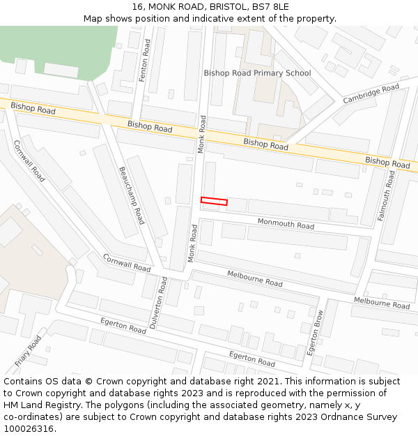 16, MONK ROAD, BRISTOL, BS7 8LE: Location map and indicative extent of plot