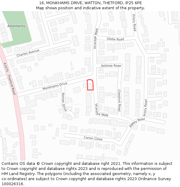 16, MONKHAMS DRIVE, WATTON, THETFORD, IP25 6PE: Location map and indicative extent of plot