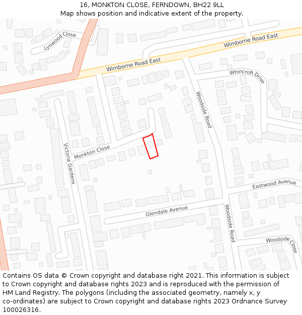 16, MONKTON CLOSE, FERNDOWN, BH22 9LL: Location map and indicative extent of plot