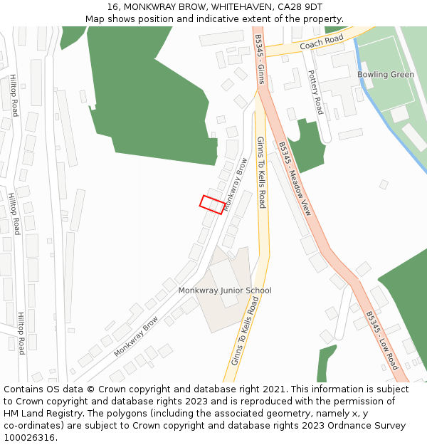 16, MONKWRAY BROW, WHITEHAVEN, CA28 9DT: Location map and indicative extent of plot