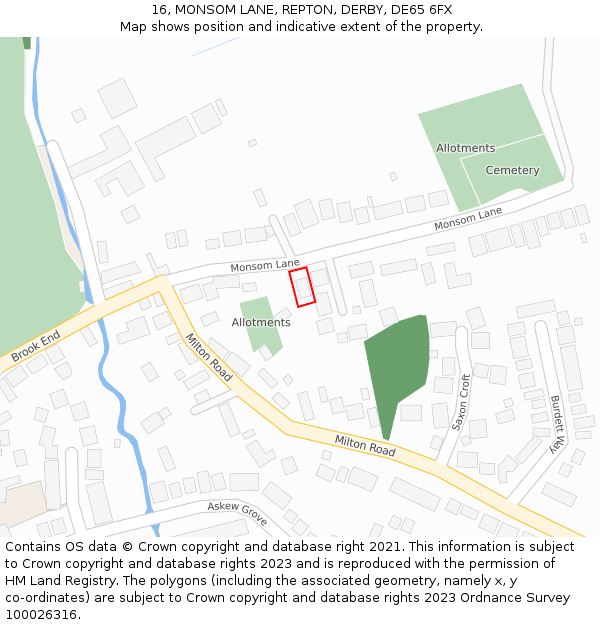 16, MONSOM LANE, REPTON, DERBY, DE65 6FX: Location map and indicative extent of plot