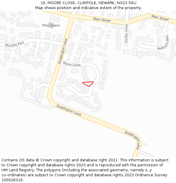 16, MOORE CLOSE, CLAYPOLE, NEWARK, NG23 5AU: Location map and indicative extent of plot