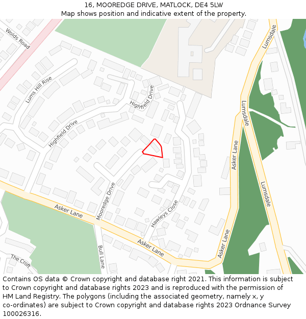 16, MOOREDGE DRIVE, MATLOCK, DE4 5LW: Location map and indicative extent of plot