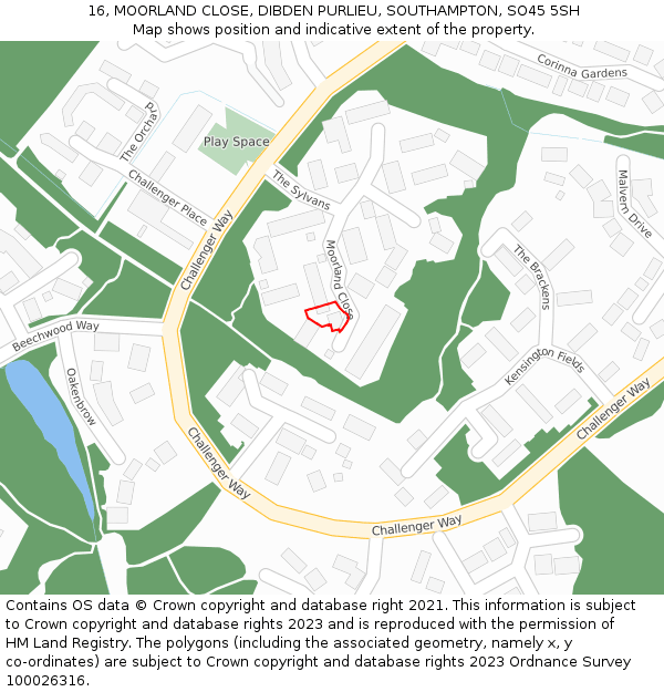 16, MOORLAND CLOSE, DIBDEN PURLIEU, SOUTHAMPTON, SO45 5SH: Location map and indicative extent of plot