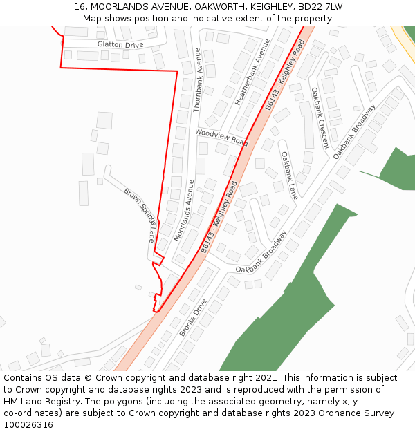 16, MOORLANDS AVENUE, OAKWORTH, KEIGHLEY, BD22 7LW: Location map and indicative extent of plot