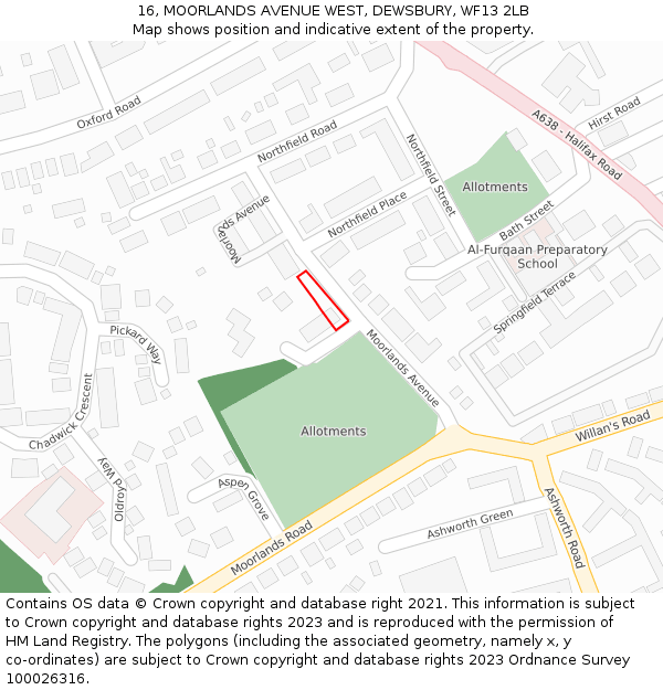 16, MOORLANDS AVENUE WEST, DEWSBURY, WF13 2LB: Location map and indicative extent of plot