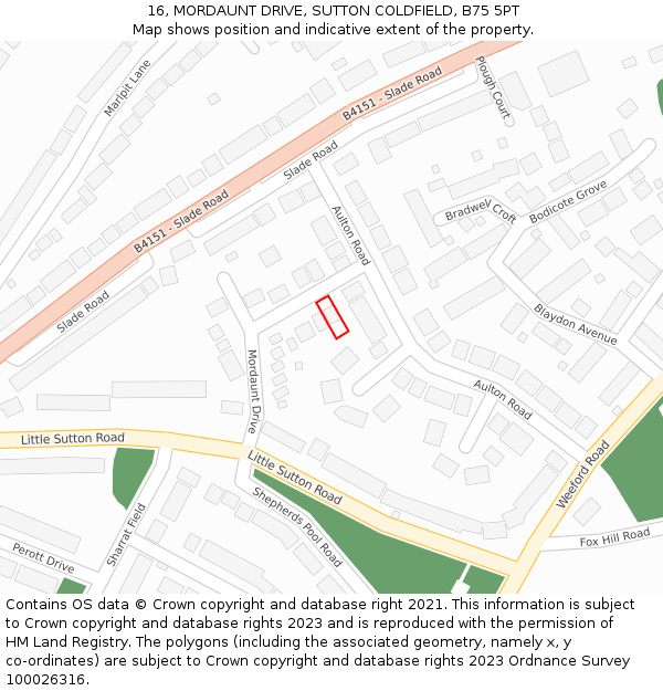 16, MORDAUNT DRIVE, SUTTON COLDFIELD, B75 5PT: Location map and indicative extent of plot