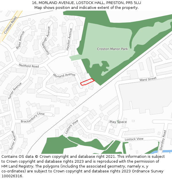 16, MORLAND AVENUE, LOSTOCK HALL, PRESTON, PR5 5LU: Location map and indicative extent of plot