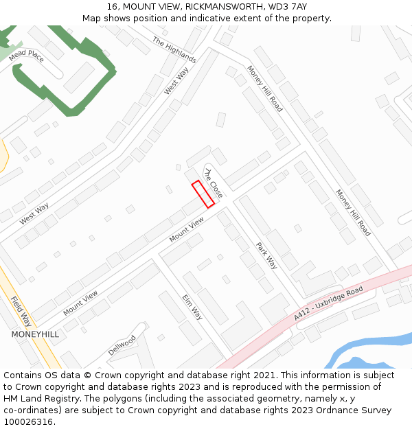16, MOUNT VIEW, RICKMANSWORTH, WD3 7AY: Location map and indicative extent of plot