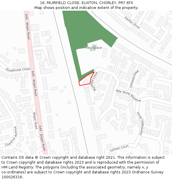 16, MUIRFIELD CLOSE, EUXTON, CHORLEY, PR7 6FX: Location map and indicative extent of plot