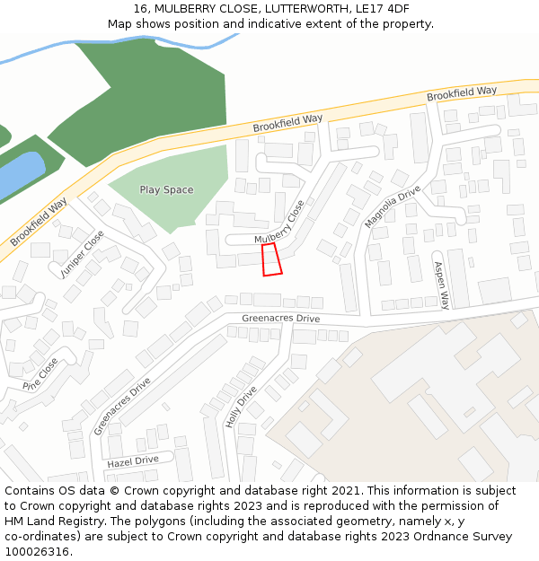 16, MULBERRY CLOSE, LUTTERWORTH, LE17 4DF: Location map and indicative extent of plot