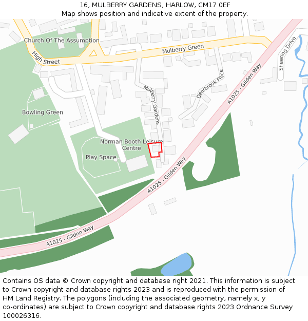 16, MULBERRY GARDENS, HARLOW, CM17 0EF: Location map and indicative extent of plot