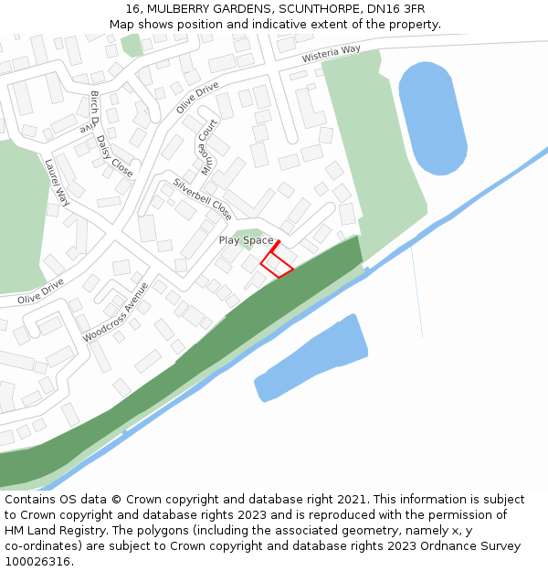 16, MULBERRY GARDENS, SCUNTHORPE, DN16 3FR: Location map and indicative extent of plot