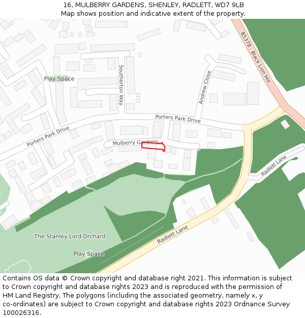 16, MULBERRY GARDENS, SHENLEY, RADLETT, WD7 9LB: Location map and indicative extent of plot