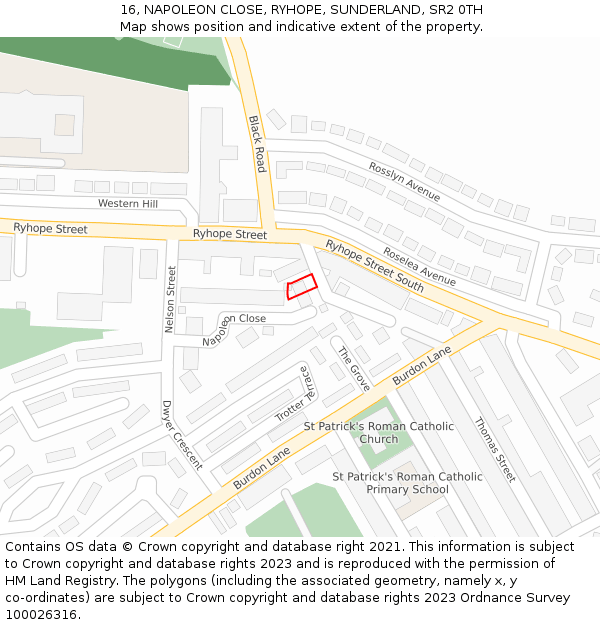 16, NAPOLEON CLOSE, RYHOPE, SUNDERLAND, SR2 0TH: Location map and indicative extent of plot