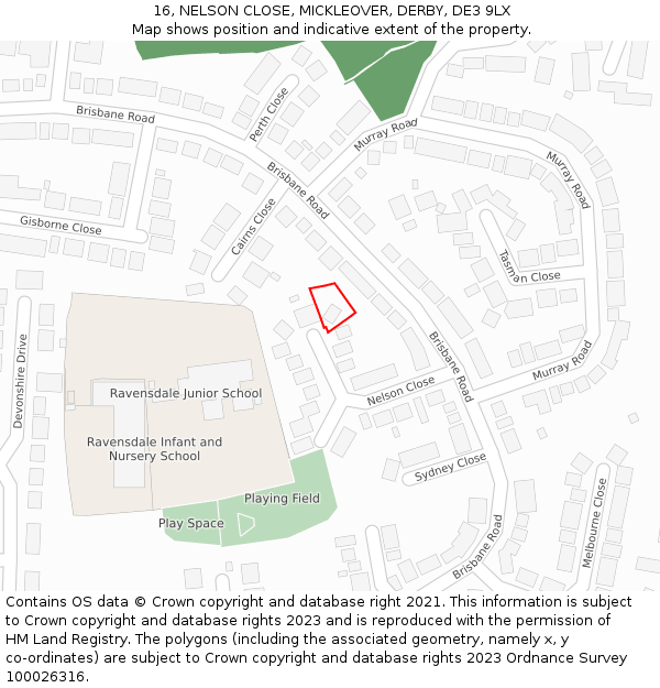 16, NELSON CLOSE, MICKLEOVER, DERBY, DE3 9LX: Location map and indicative extent of plot