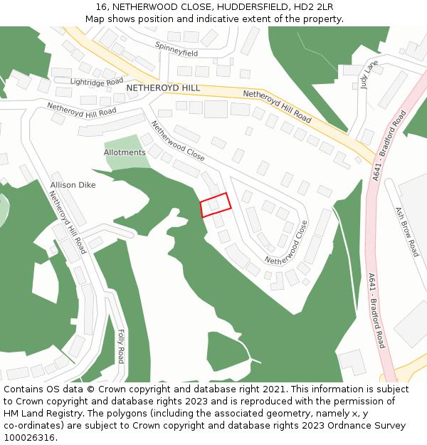 16, NETHERWOOD CLOSE, HUDDERSFIELD, HD2 2LR: Location map and indicative extent of plot