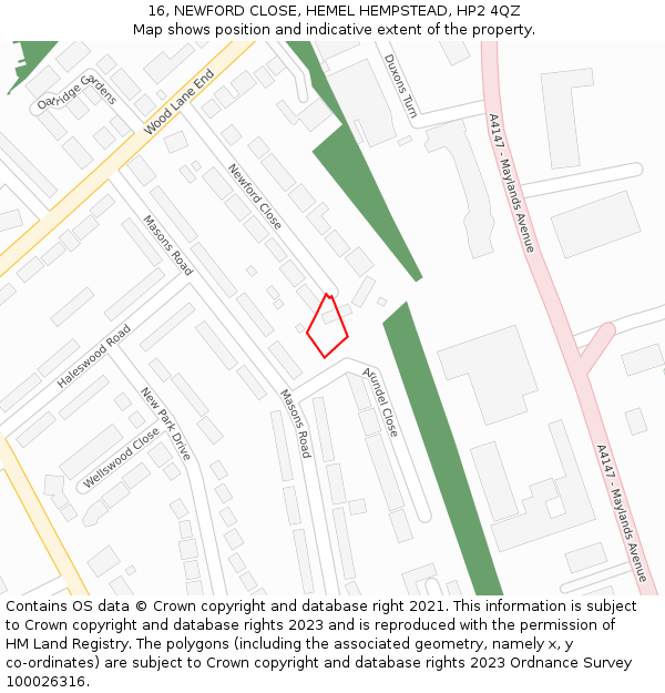 16, NEWFORD CLOSE, HEMEL HEMPSTEAD, HP2 4QZ: Location map and indicative extent of plot
