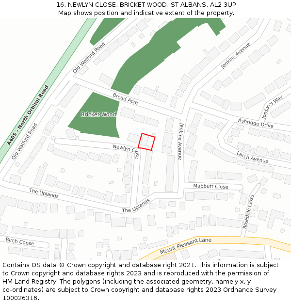 16, NEWLYN CLOSE, BRICKET WOOD, ST ALBANS, AL2 3UP: Location map and indicative extent of plot