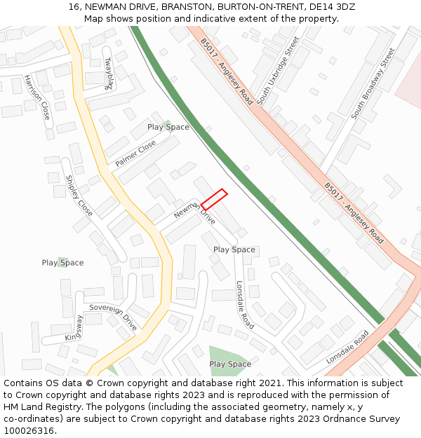 16, NEWMAN DRIVE, BRANSTON, BURTON-ON-TRENT, DE14 3DZ: Location map and indicative extent of plot