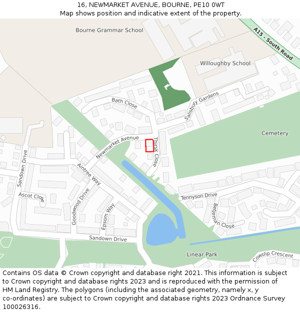 16, NEWMARKET AVENUE, BOURNE, PE10 0WT: Location map and indicative extent of plot