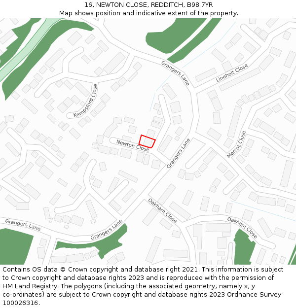 16, NEWTON CLOSE, REDDITCH, B98 7YR: Location map and indicative extent of plot