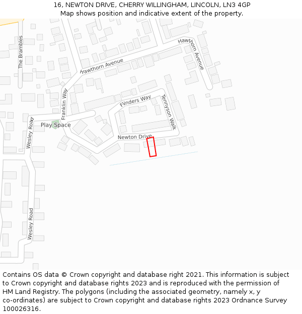 16, NEWTON DRIVE, CHERRY WILLINGHAM, LINCOLN, LN3 4GP: Location map and indicative extent of plot