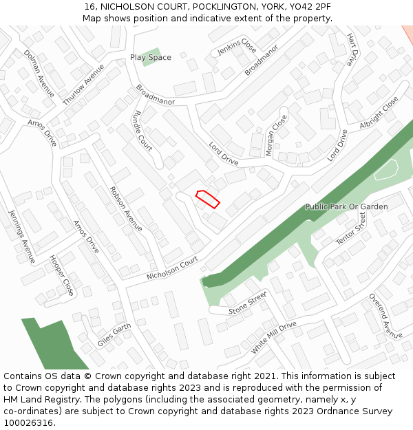 16, NICHOLSON COURT, POCKLINGTON, YORK, YO42 2PF: Location map and indicative extent of plot