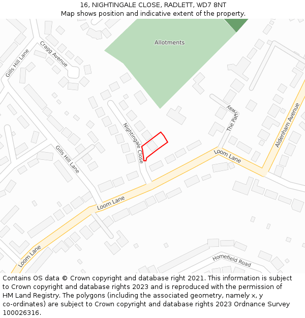 16, NIGHTINGALE CLOSE, RADLETT, WD7 8NT: Location map and indicative extent of plot