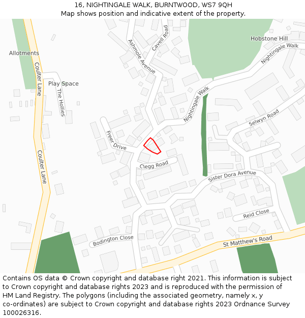 16, NIGHTINGALE WALK, BURNTWOOD, WS7 9QH: Location map and indicative extent of plot