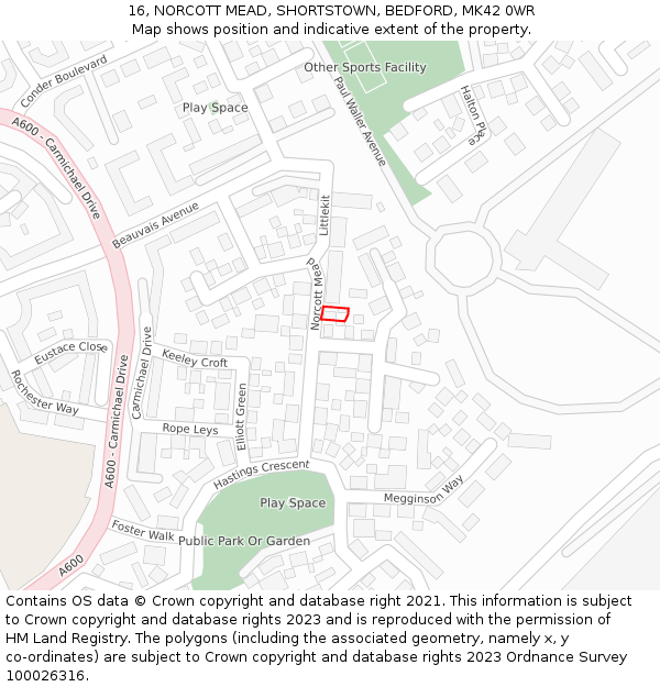 16, NORCOTT MEAD, SHORTSTOWN, BEDFORD, MK42 0WR: Location map and indicative extent of plot