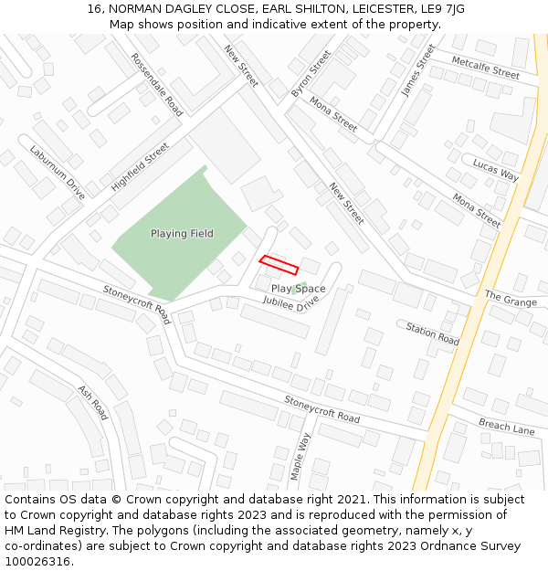 16, NORMAN DAGLEY CLOSE, EARL SHILTON, LEICESTER, LE9 7JG: Location map and indicative extent of plot