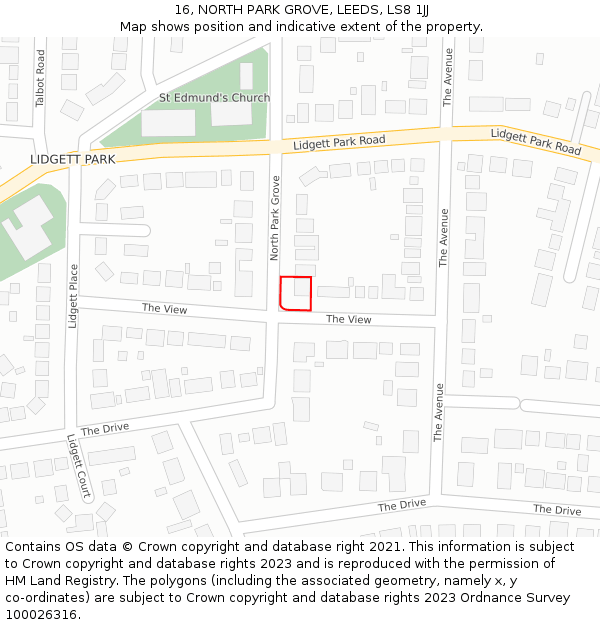 16, NORTH PARK GROVE, LEEDS, LS8 1JJ: Location map and indicative extent of plot