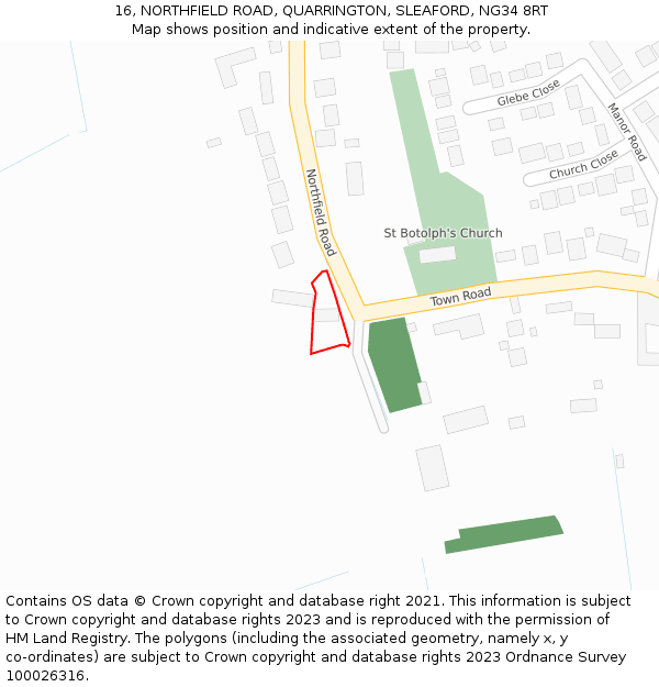 16, NORTHFIELD ROAD, QUARRINGTON, SLEAFORD, NG34 8RT: Location map and indicative extent of plot