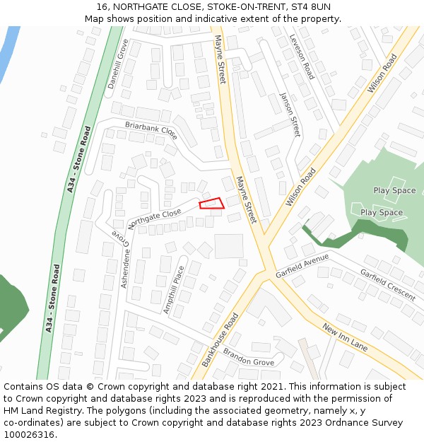 16, NORTHGATE CLOSE, STOKE-ON-TRENT, ST4 8UN: Location map and indicative extent of plot