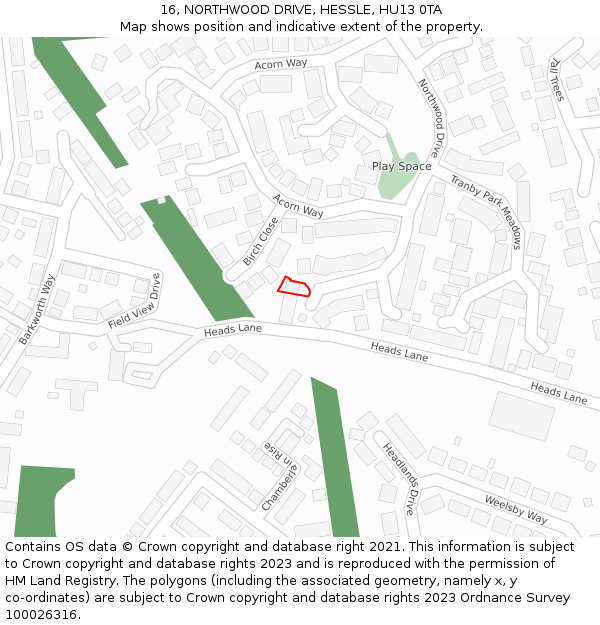 16, NORTHWOOD DRIVE, HESSLE, HU13 0TA: Location map and indicative extent of plot