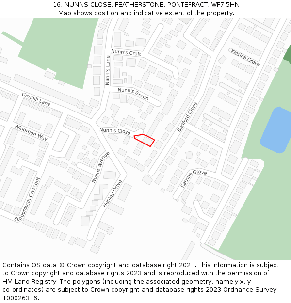 16, NUNNS CLOSE, FEATHERSTONE, PONTEFRACT, WF7 5HN: Location map and indicative extent of plot