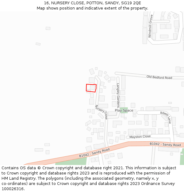 16, NURSERY CLOSE, POTTON, SANDY, SG19 2QE: Location map and indicative extent of plot