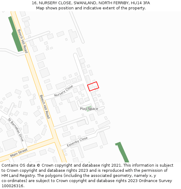 16, NURSERY CLOSE, SWANLAND, NORTH FERRIBY, HU14 3FA: Location map and indicative extent of plot