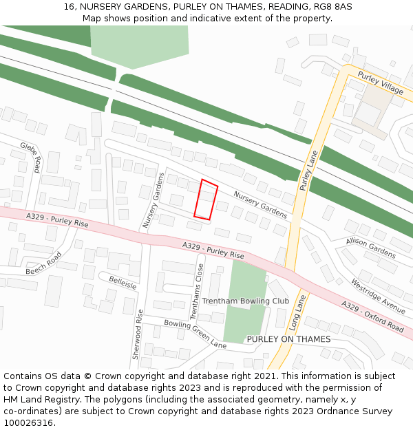 16, NURSERY GARDENS, PURLEY ON THAMES, READING, RG8 8AS: Location map and indicative extent of plot