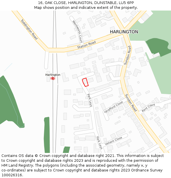 16, OAK CLOSE, HARLINGTON, DUNSTABLE, LU5 6PP: Location map and indicative extent of plot