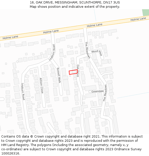 16, OAK DRIVE, MESSINGHAM, SCUNTHORPE, DN17 3US: Location map and indicative extent of plot