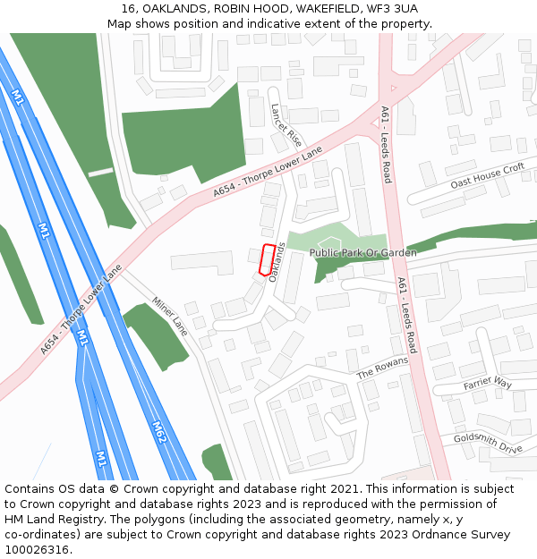 16, OAKLANDS, ROBIN HOOD, WAKEFIELD, WF3 3UA: Location map and indicative extent of plot